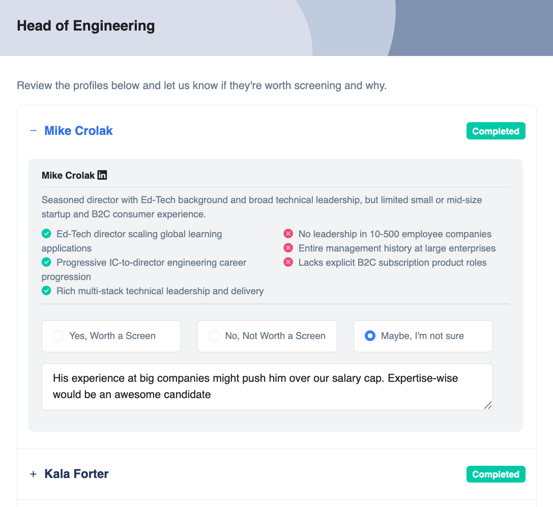 AI Calibration Interface showing candidate feedback and deal-breaker identification