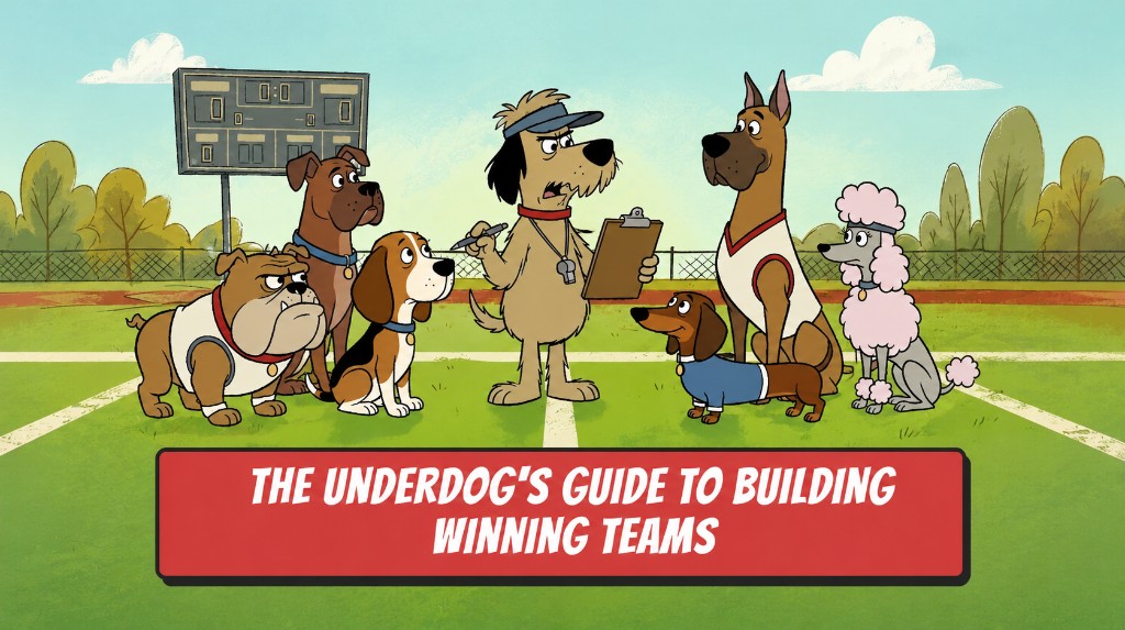 The Underdog's Guide to Building Winning Teams — a scrappy coach dog rallies a team of mismatched dogs on a sports field.
